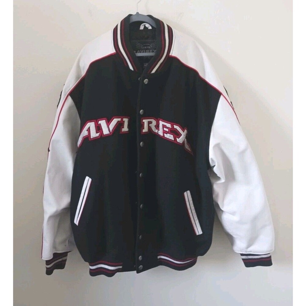 Vintage Avirex Leather Varsity Jacket Mens 3XL Black White Wool Bomber Rare